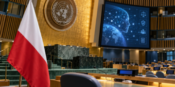 Polish flag in a UN-style conference chamber beside a digital artificial intelligence governance display