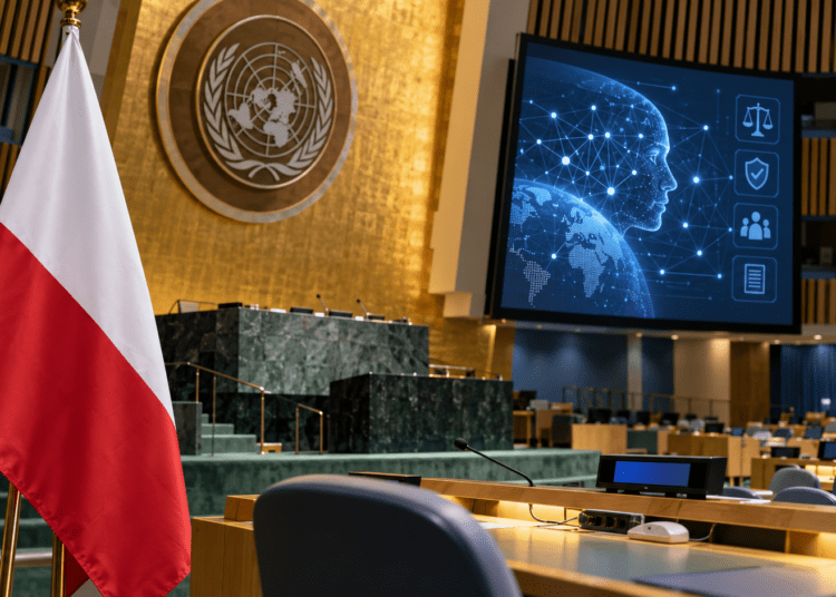 Polish flag in a UN-style conference chamber beside a digital artificial intelligence governance display