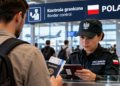 Digitally created illustrative scene of a traveller presenting a passport to a border officer at a Polish airport; not an actual checkpoint photograph.