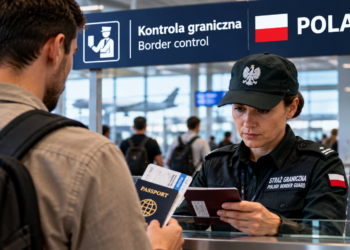 Digitally created illustrative scene of a traveller presenting a passport to a border officer at a Polish airport; not an actual checkpoint photograph.