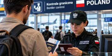 Digitally created illustrative scene of a traveller presenting a passport to a border officer at a Polish airport; not an actual checkpoint photograph.