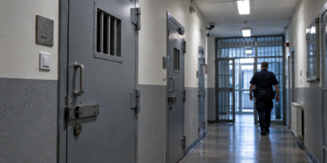 Illustrative police custody corridor with an officer walking away