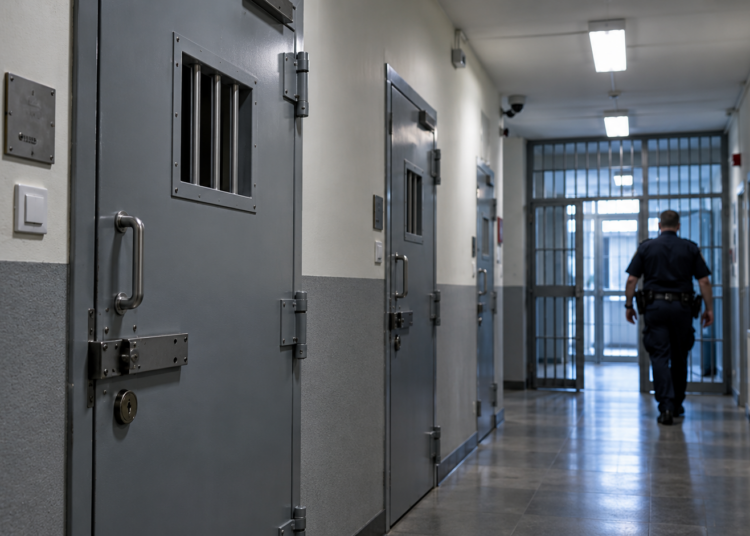 Illustrative police custody corridor with an officer walking away