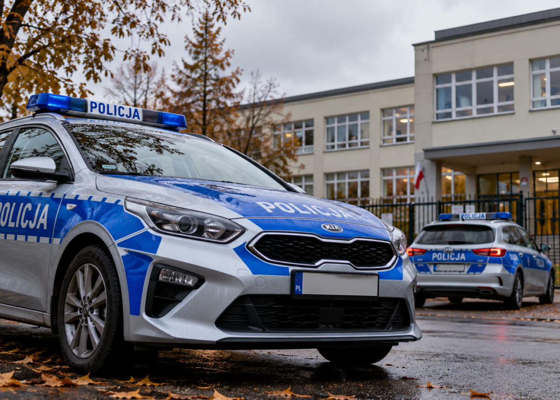 Digitally created editorial illustration showing two Polish police patrol cars parked outside a modern school building in autumn