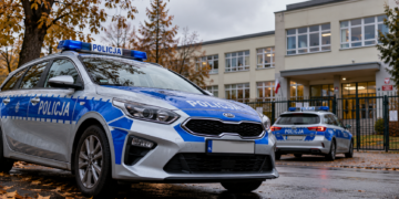 Digitally created editorial illustration showing two Polish police patrol cars parked outside a modern school building in autumn