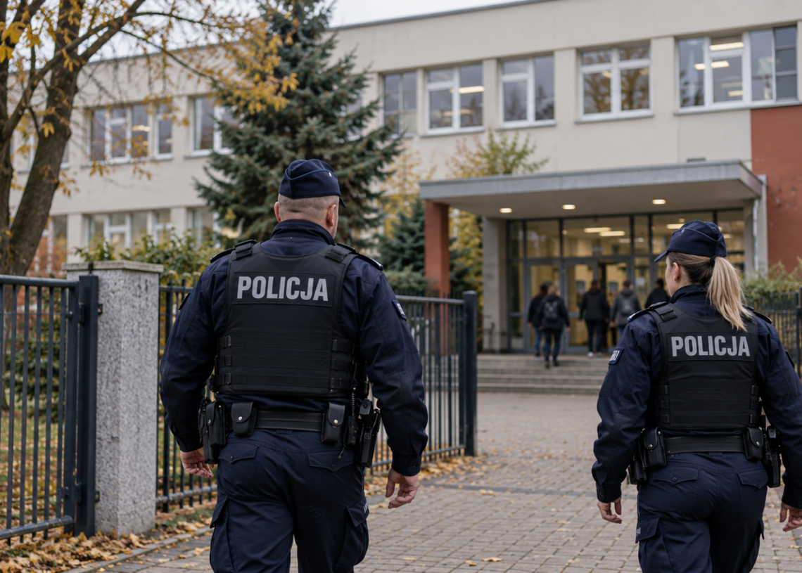 Digitally created editorial image of two Polish police officers approaching a school entrance during an autumn safety patrol