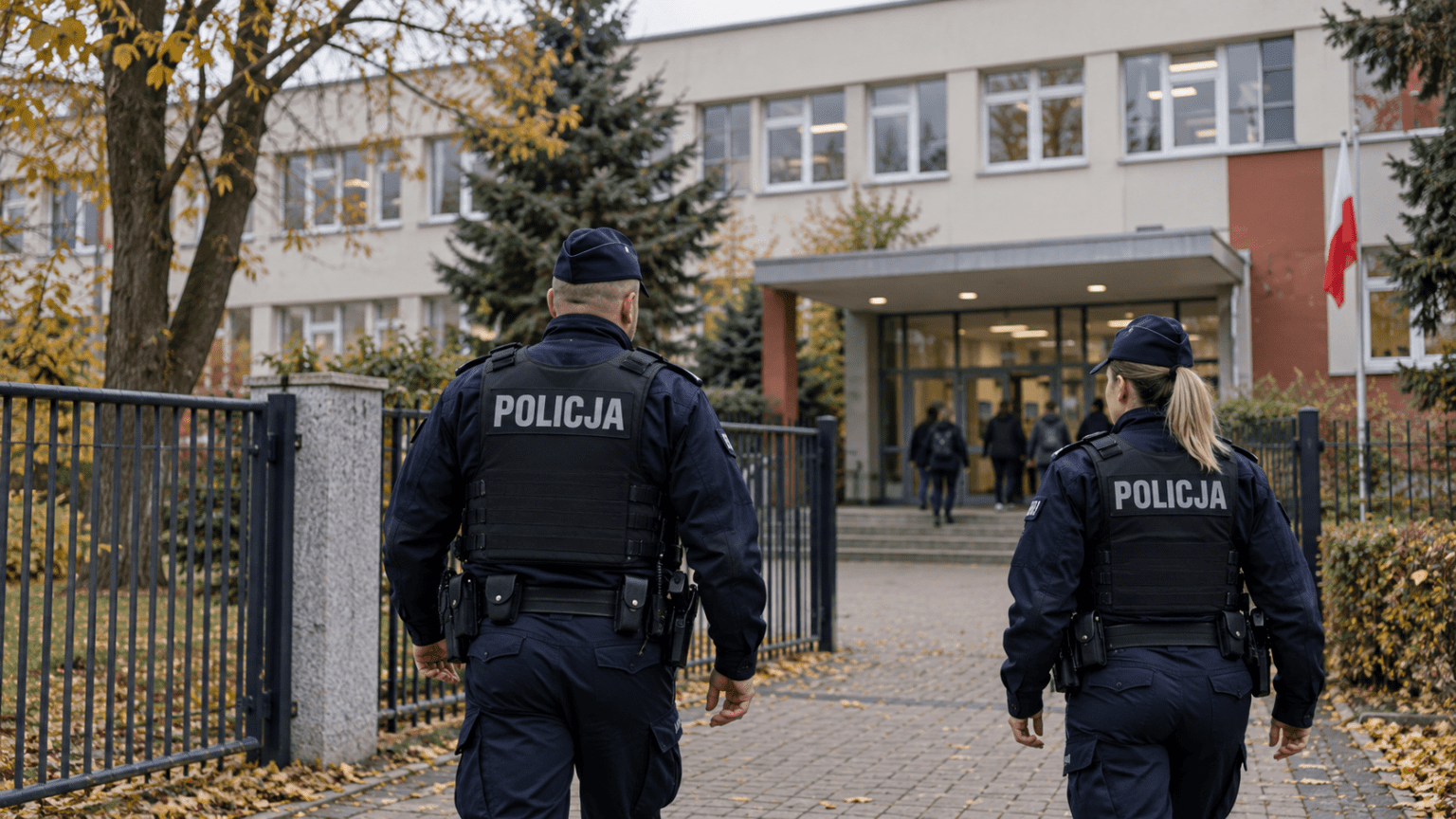 Digitally created editorial image of two Polish police officers approaching a school entrance during an autumn safety patrol