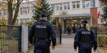 Digitally created editorial image of two Polish police officers approaching a school entrance during an autumn safety patrol