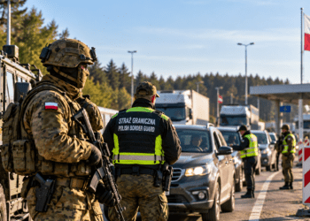 Digitally created editorial illustration of Polish soldiers and Border Guard officers supporting security operations at a border checkpoint