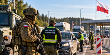 Digitally created editorial illustration of Polish soldiers and Border Guard officers supporting security operations at a border checkpoint