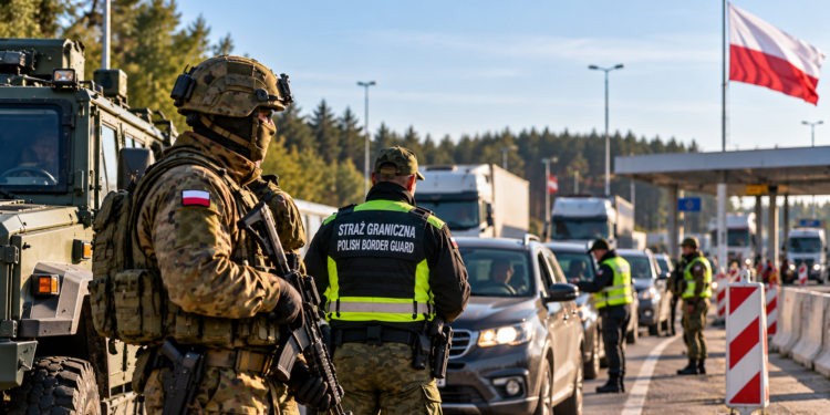 Digitally created editorial illustration of Polish soldiers and Border Guard officers supporting security operations at a border checkpoint