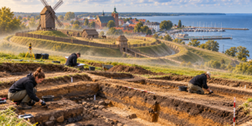 Digitally created reconstruction of Windmill Hill in Puck above a modern archaeological excavation
