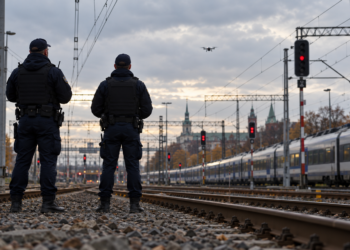 Illustrative scene of two railway security officers viewed from behind near Polish railway tracks, observing a distant drone under an overcast sky.