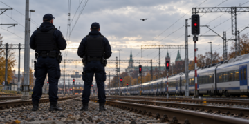 Illustrative scene of two railway security officers viewed from behind near Polish railway tracks, observing a distant drone under an overcast sky.