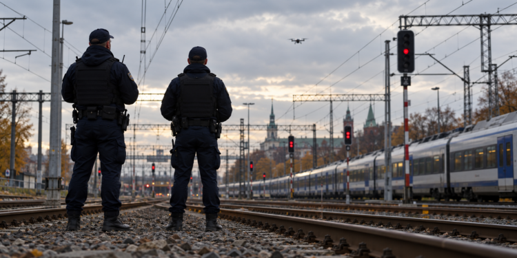 Illustrative scene of two railway security officers viewed from behind near Polish railway tracks, observing a distant drone under an overcast sky.