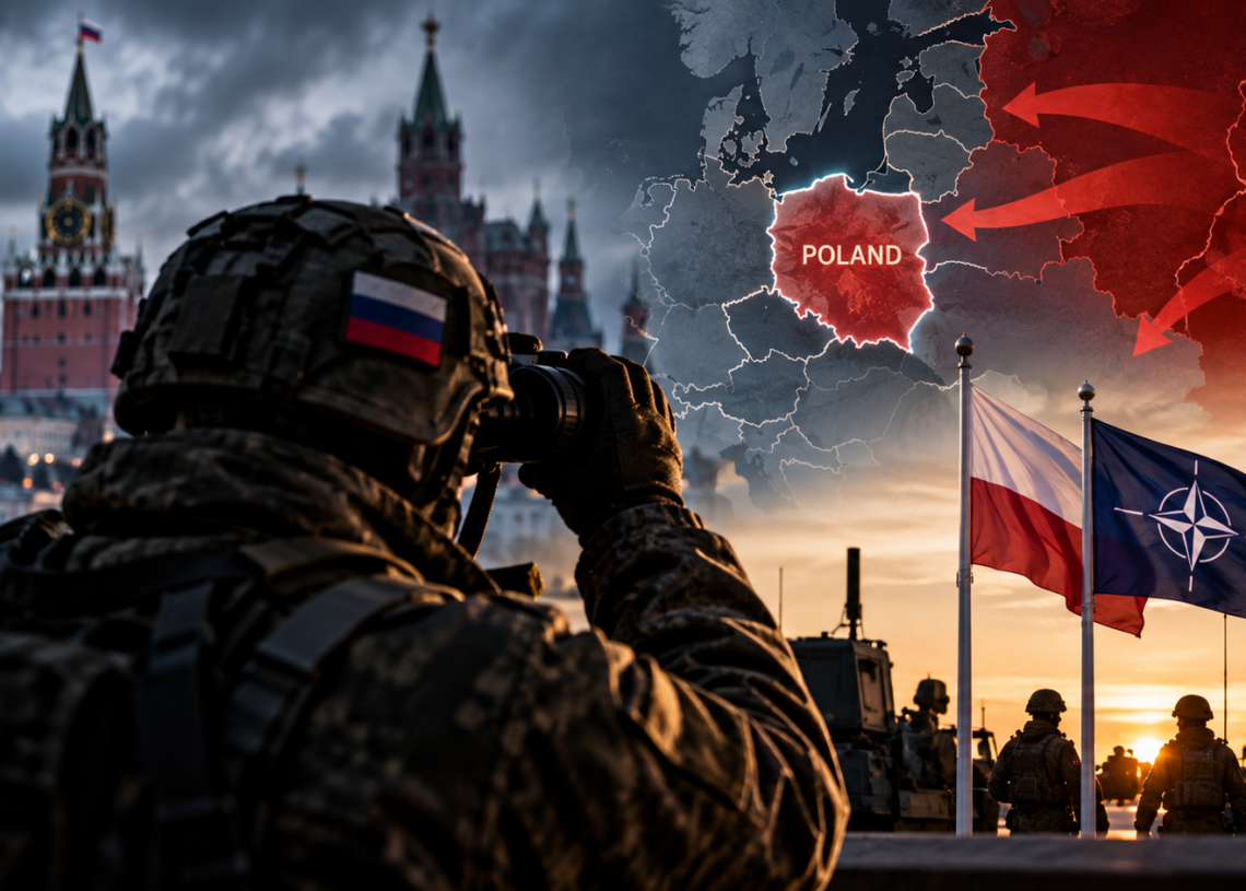 Digitally created illustrative artwork: symbolic Poland map with hypothetical arrows, a soldier and Polish, NATO and Ukrainian flags. Not an actual intelligence map or verified attack plan.