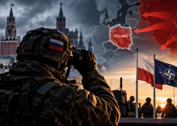 Digitally created illustrative artwork: symbolic Poland map with hypothetical arrows, a soldier and Polish, NATO and Ukrainian flags. Not an actual intelligence map or verified attack plan.