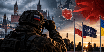 Digitally created illustrative artwork: symbolic Poland map with hypothetical arrows, a soldier and Polish, NATO and Ukrainian flags. Not an actual intelligence map or verified attack plan.