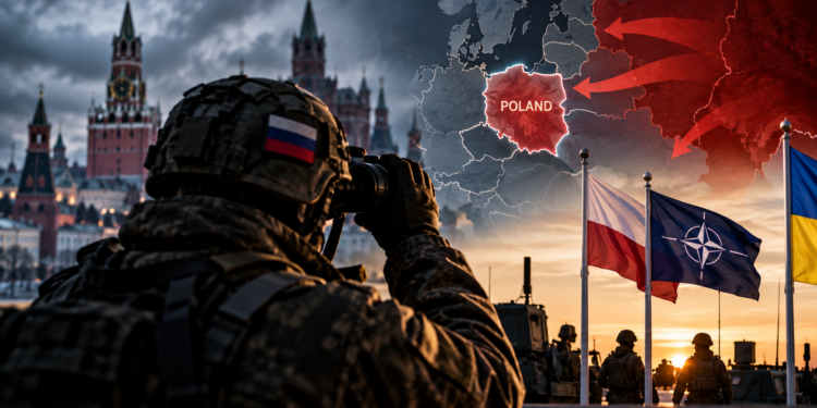 Digitally created illustrative artwork: symbolic Poland map with hypothetical arrows, a soldier and Polish, NATO and Ukrainian flags. Not an actual intelligence map or verified attack plan.