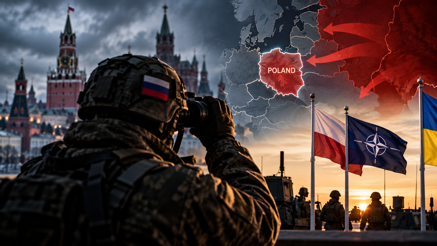 Digitally created illustrative artwork: symbolic Poland map with hypothetical arrows, a soldier and Polish, NATO and Ukrainian flags. Not an actual intelligence map or verified attack plan.