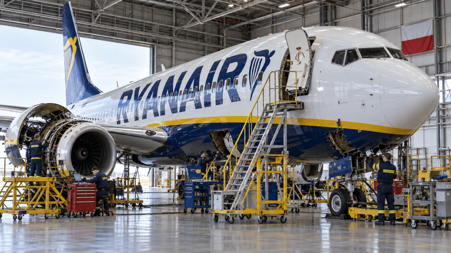 Ryanair Boeing 737 undergoing maintenance in a hangar with a Polish flag in the background