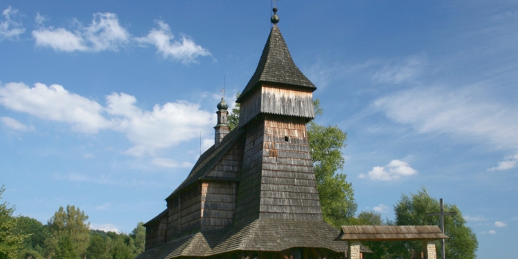 The 17th-century wooden Church of St Nicholas from Bączal Dolny at the Sanok open-air museum, photographed before the August 2026 fire.