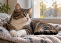 Illustrative image of a recovering cat resting indoors with a bandaged paw