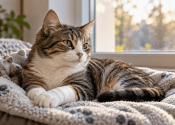 Illustrative image of a recovering cat resting indoors with a bandaged paw