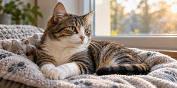 Illustrative image of a recovering cat resting indoors with a bandaged paw