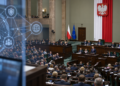 Digitally created view of Poland’s Sejm chamber with a restrained digital-network overlay