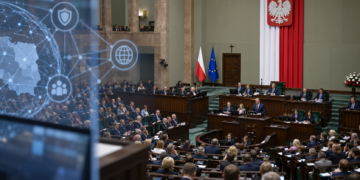 Digitally created view of Poland’s Sejm chamber with a restrained digital-network overlay