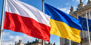 Digitally generated editorial illustration of Polish and Ukrainian flags outside a European-style government building.