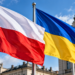 Digitally generated editorial illustration of Polish and Ukrainian flags outside a European-style government building.