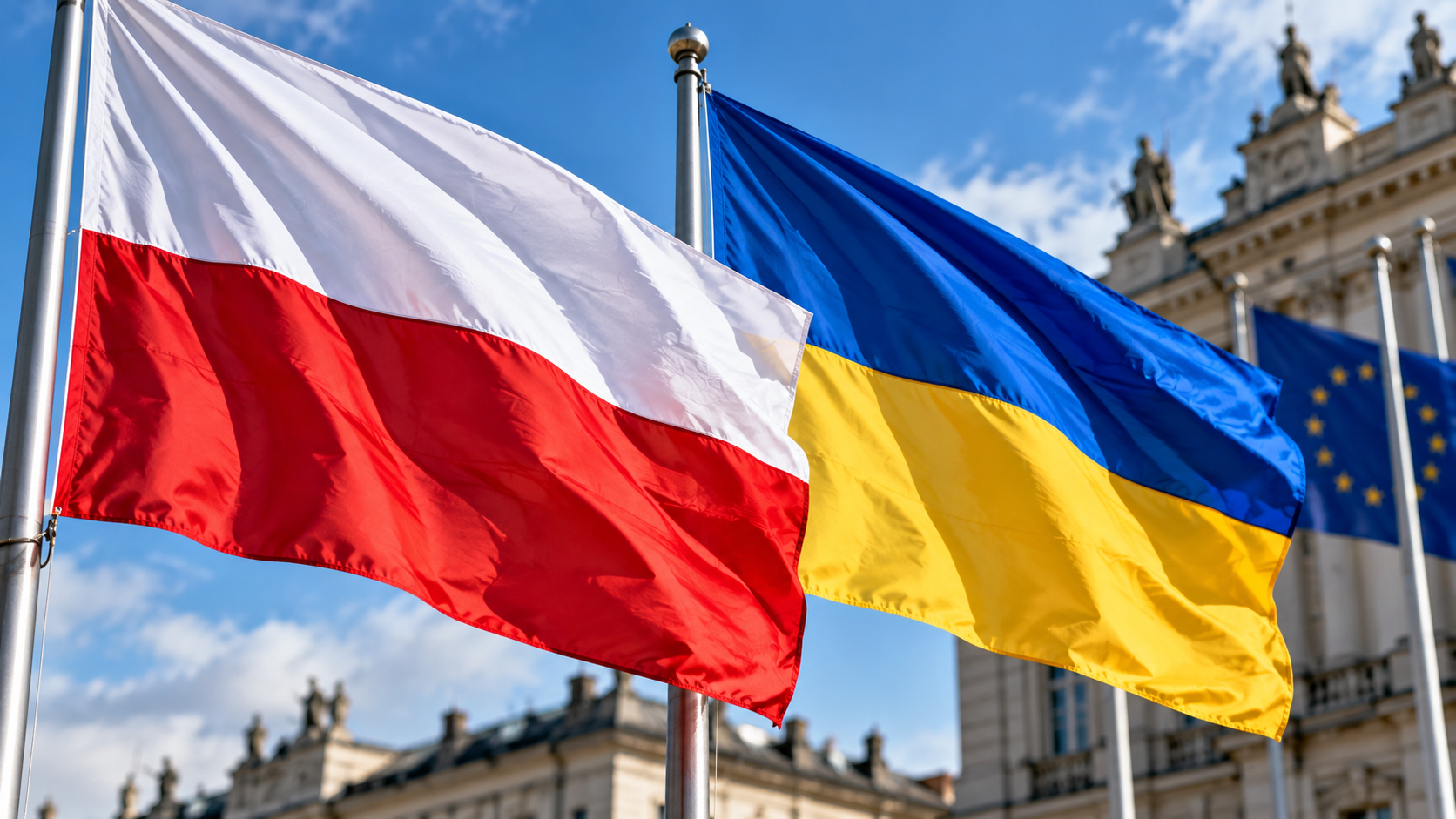 Digitally generated editorial illustration of Polish and Ukrainian flags outside a European-style government building.