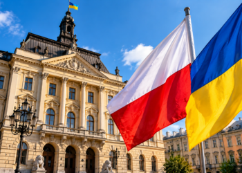 Digitally created illustration of Polish and Ukrainian flags against a historic-style civic building, representing a diplomatic dispute; not a documentary photograph.