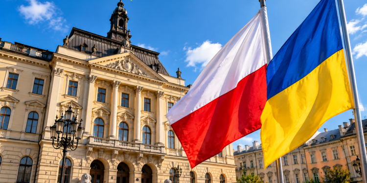 Digitally created illustration of Polish and Ukrainian flags against a historic-style civic building, representing a diplomatic dispute; not a documentary photograph.