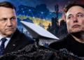 Digitally created editorial montage of Polish Foreign Minister Radosław Sikorski and Elon Musk beside a Starlink satellite terminal and symbolic Ukrainian backdrop; not a photograph of a meeting.