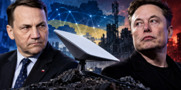 Digitally created editorial montage of Polish Foreign Minister Radosław Sikorski and Elon Musk beside a Starlink satellite terminal and symbolic Ukrainian backdrop; not a photograph of a meeting.