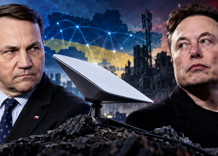 Digitally created editorial montage of Polish Foreign Minister Radosław Sikorski and Elon Musk beside a Starlink satellite terminal and symbolic Ukrainian backdrop; not a photograph of a meeting.