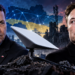 Digitally created editorial montage of Polish Foreign Minister Radosław Sikorski and Elon Musk beside a Starlink satellite terminal and symbolic Ukrainian backdrop; not a photograph of a meeting.