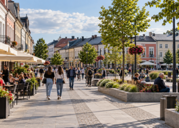 Illustrative city-centre scene representing everyday life in Suwałki, Poland