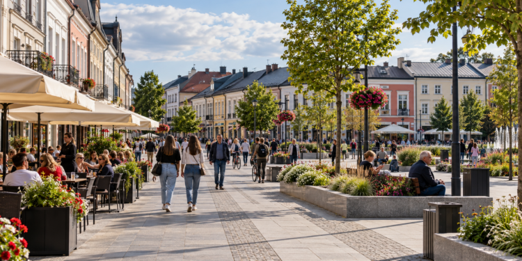 Illustrative city-centre scene representing everyday life in Suwałki, Poland