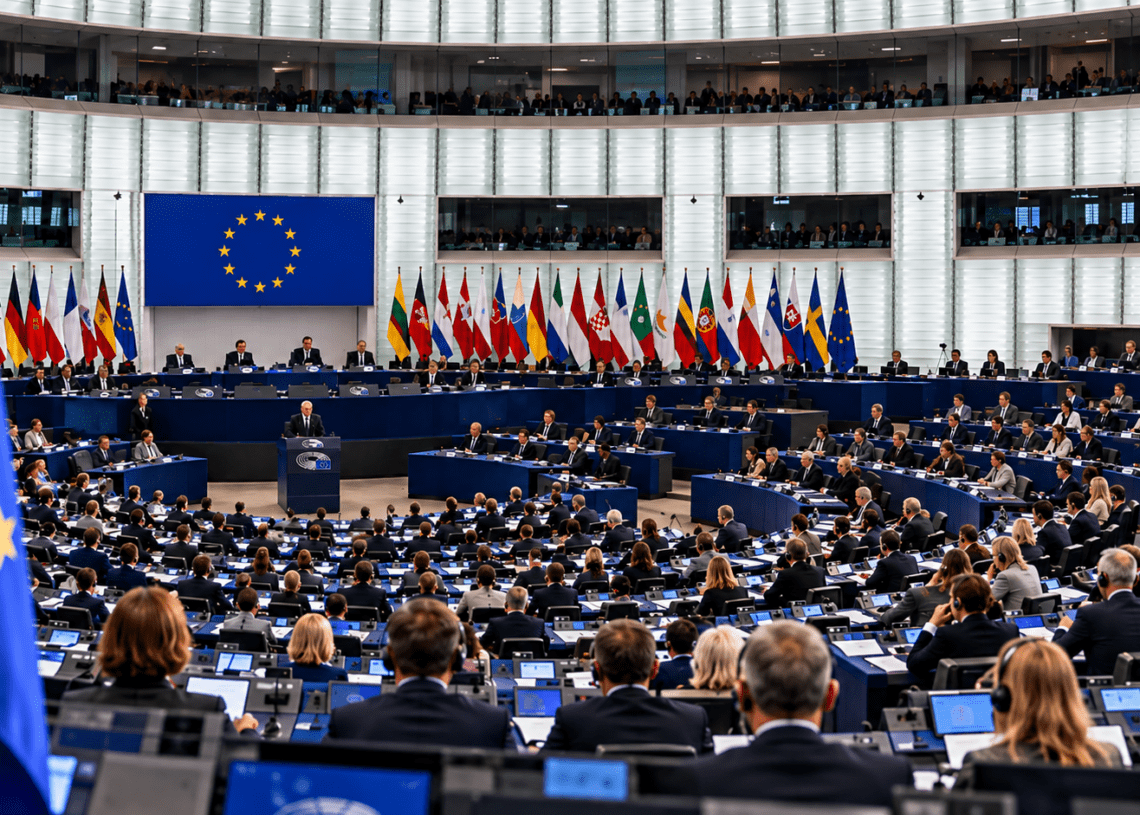 Digitally created editorial illustration of the European Parliament chamber for a story about the Suwałki Gap security discussion