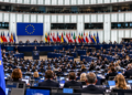 Digitally created editorial illustration of the European Parliament chamber for a story about the Suwałki Gap security discussion