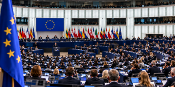 Digitally created editorial illustration of the European Parliament chamber for a story about the Suwałki Gap security discussion