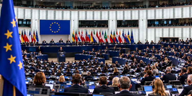 Digitally created editorial illustration of the European Parliament chamber for a story about the Suwałki Gap security discussion