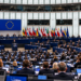 Digitally created editorial illustration of the European Parliament chamber for a story about the Suwałki Gap security discussion