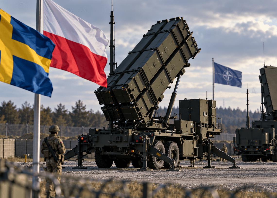 Patriot air-defence launcher with Swedish, Polish and NATO flags at a generic military site