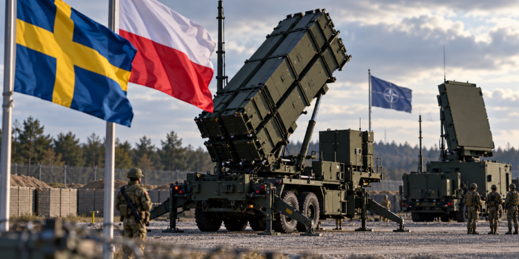 Patriot air-defence launcher with Swedish, Polish and NATO flags at a generic military site
