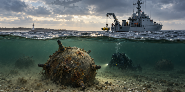 Digitally created illustration of a Polish naval mine-clearance operation over a Second World War sea mine in the Baltic